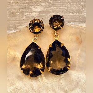 Impressive 22.7 Carats Genuine Smoky Quartz In Two Stone Gold Plated Earrings